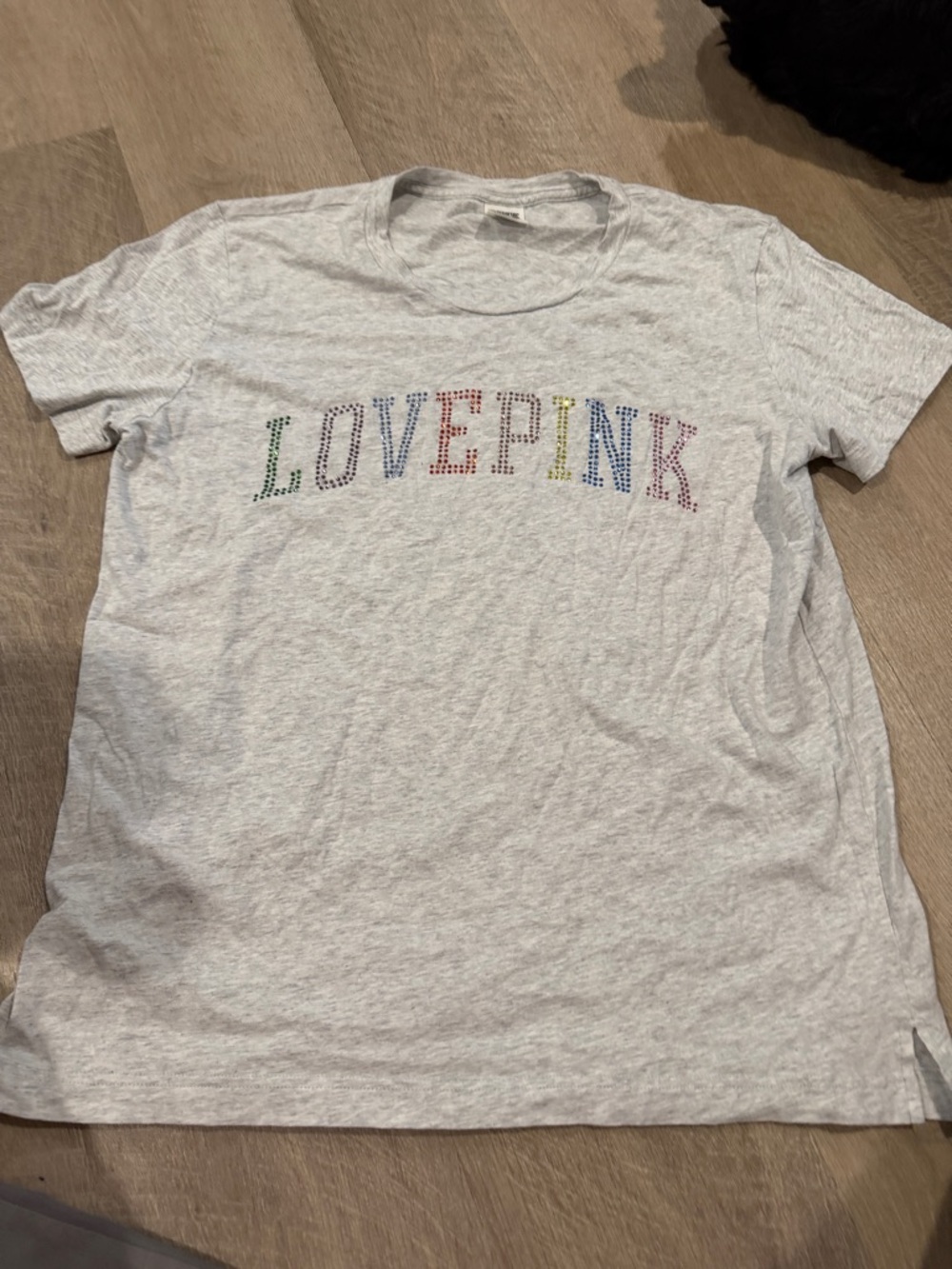 PINK Victoria's Secret Heather Gray Tee with Rainbow Rhinestone Logo